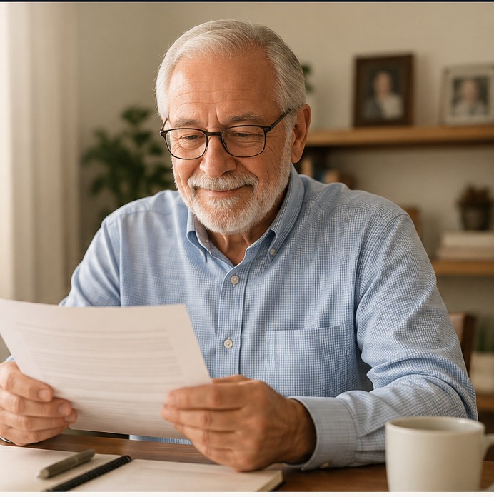 Pessoa idosa sorrindo enquanto lê um documento